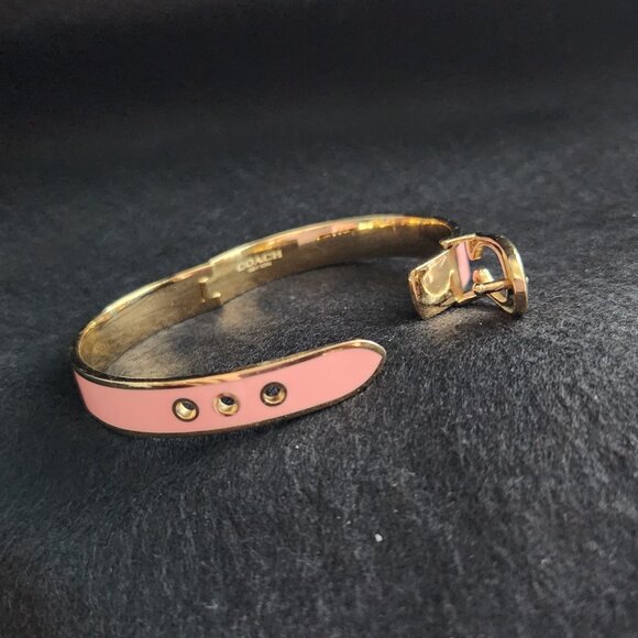 COACH pink enamel and gold Iconic Sig C buckle bangle bracelet adjustable hinged - Picture 5 of 7